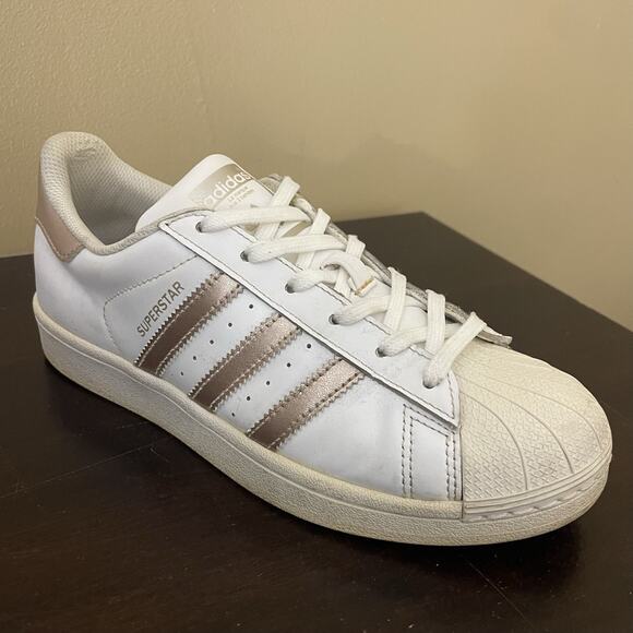 Adidas Superstar Women's White Copper Rose Gold Metallic Stripe Kicks - Picture 2 of 7